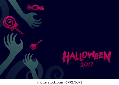 Halloween 2017 background template set, devil monster hand with candy concept design and halloween 2017 text illustration isolated on dark blue background, with copy space