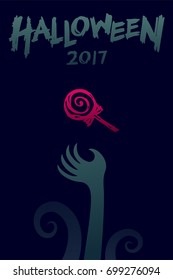 Halloween 2017 background template set, devil monster hand with lollipops candy concept design and halloween 2017 text illustration isolated on dark blue background, with copy space