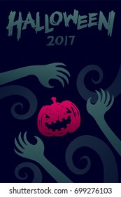 Halloween 2017 background template set, devil monster hand with pumpkin concept design and halloween 2017 text illustration isolated on dark blue background, with copy space