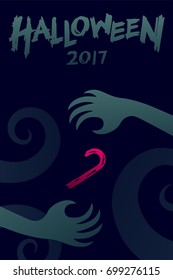 Halloween 2017 background template set, devil monster hand with candy sticks concept design and halloween 2017 text illustration isolated on dark blue background, with copy space