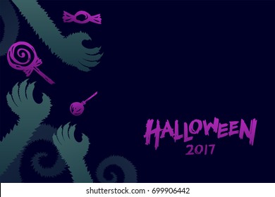 Halloween 2017 background template set, werewolves monster hand with candy concept design and halloween 2017 text illustration isolated on dark blue background, with copy space