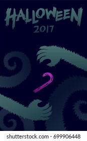 Halloween 2017 background template set, werewolves monster hand with candy sticks concept design and halloween 2017 text illustration isolated on dark blue background, with copy space