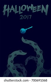 Halloween 2017 background template set, kraken monster tentacles with lollipops candy concept design and halloween 2017 text illustration isolated on dark blue background, with copy space