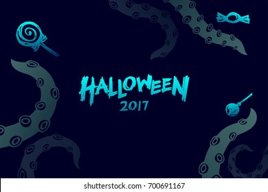 Halloween 2017 background template set, kraken monster tentacles with candy concept design and halloween 2017 text illustration isolated on dark blue background, with copy space