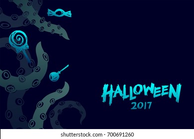 Halloween 2017 background template set, kraken monster tentacles with candy concept design and halloween 2017 text illustration isolated on dark blue background, with copy space