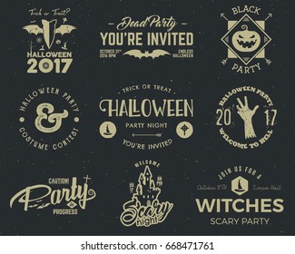 Halloween 2017 party label templates with scary symbols - zombie hand, witch hat, bat, pumpkin and typography elements. Use for party posters, flyers, invitations. On t shirt, tee and other identity