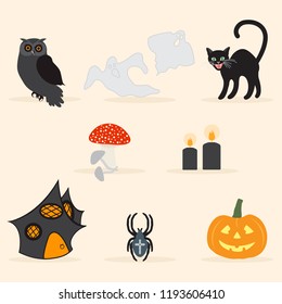 Halloween 2019 icon set. Vector illustration with traditional holiday symbols. Design for party card, wrapping, fabric, print.