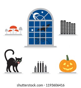 Halloween 2019 icon set. Vector illustration with traditional holiday symbols. Design for party card, wrapping, fabric, print.