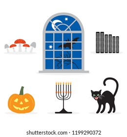 Halloween 2019 icon set. Vector illustration with traditional holiday symbols. Design for party card, wrapping, fabric, print.