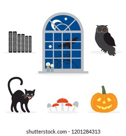 Halloween 2019 icon set. Vector illustration with traditional holiday symbols. Design for party card, wrapping, fabric, print.