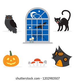 Halloween 2019 icon set. Vector illustration with traditional holiday symbols. Design for party card, wrapping, fabric, print.