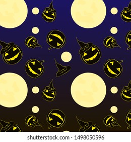 Halloween 2019 pattern on gradient background. Moon, pumpkin, hat. Eps10