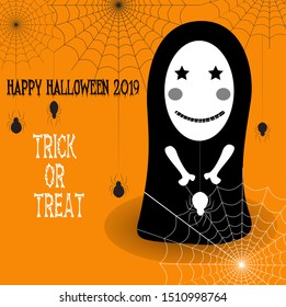 Halloween 2019, Trick or treat, Halloween Poster, banner or Greeting card  design with ghost, cobwebs and hanging spider on orange background. Cute ghost cartoon in smiling face, Vector illustration.