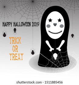 Halloween 2019, Trick or treat, Halloween Poster, banner or Greeting card  design with ghost, cobwebs and hanging spiders on gray background. Cute ghost cartoon in smiling face, Vector illustration.