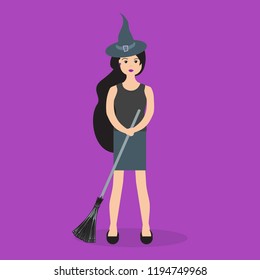Halloween 2019 vector illustration with modern witch holding a broomstick. Design for party card, wrapping, fabric, print.