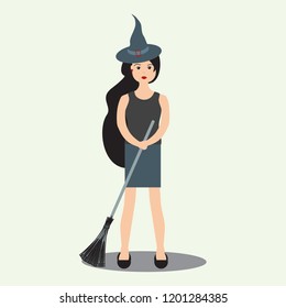 Halloween 2019 vector illustration with modern witch holding a broomstick. Design for party card, wrapping, fabric, print.