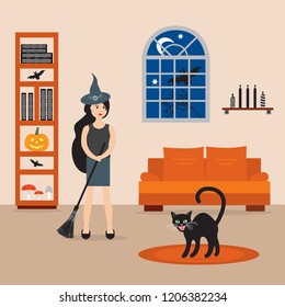 Halloween 2019 vector illustration with modern witch holding a broomstick in her room. Design for party card, wrapping, fabric, print.