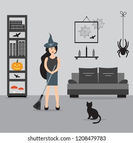 Halloween 2019 vector illustration with modern witch holding a broomstick in her room. Design for party card, wrapping, fabric, print.