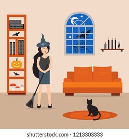 Halloween 2019 vector illustration with modern witch holding a broomstick in her room. Design for party card, wrapping, fabric, print.