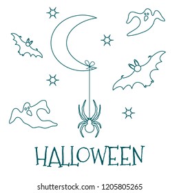 Halloween 2019 vector illustration with month, stars, spider, bats, ghosts. Design for party card, wrapping, fabric, print.