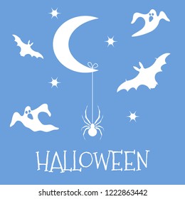 Halloween 2019 vector illustration with month, stars, spider, bats, ghosts. Design for party card, wrapping, fabric, print.