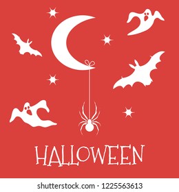 Halloween 2019 vector illustration with month, stars, spider, bats, ghosts. Design for party card, wrapping, fabric, print.