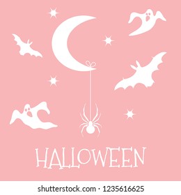 Halloween 2019 vector illustration with month, stars, spider, bats, ghosts. Design for party card, wrapping, fabric, print.