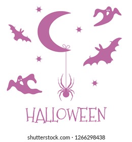 Halloween 2019 vector illustration with month, stars, spider, bats, ghosts. Design for party card, wrapping, fabric, print.