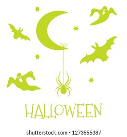 Halloween 2019 vector illustration with month, stars, spider, bats, ghosts. Design for party card, wrapping, fabric, print.