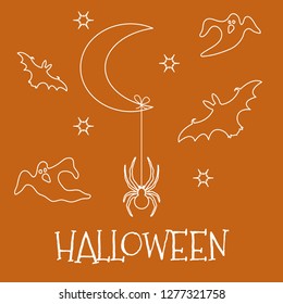 Halloween 2019 vector illustration with month, stars, spider, bats, ghosts. Design for party card, wrapping, fabric, print.