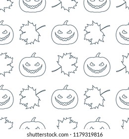 Halloween 2019 vector seamless pattern with pumpkin and maple leaves. Design for party card, wrapping, fabric, print.