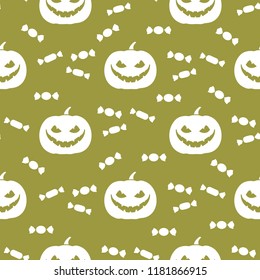 Halloween 2019 vector seamless pattern with pumpkin and candy. Design for party card, wrapping, fabric, print.