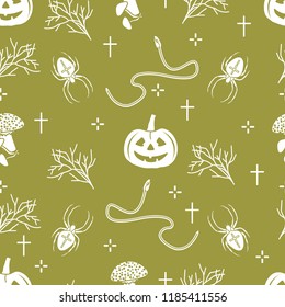 Halloween 2019 vector seamless pattern with pumpkins, branches, spiders, snakes, crosses. Design for decoration, wrapping, greeting cards, web page background, fabric, print.