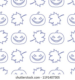 Halloween 2019 vector seamless pattern with pumpkin and maple leaves. Design for party card, wrapping, fabric, print.