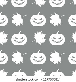 Halloween 2019 vector seamless pattern with pumpkin and maple leaves. Design for party card, wrapping, fabric, print.