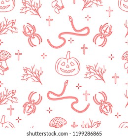 Halloween 2019 vector seamless pattern with pumpkins, branches, spiders, snakes, crosses. Design for decoration, wrapping, greeting cards, web page background, fabric, print.