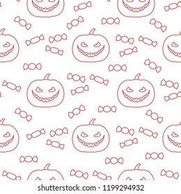 Halloween 2019 vector seamless pattern with pumpkin and candy. Design for party card, wrapping, fabric, print.