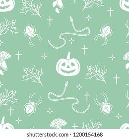 Halloween 2019 vector seamless pattern with pumpkins, branches, spiders, snakes, crosses. Design for decoration, wrapping, greeting cards, web page background, fabric, print.