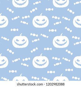 Halloween 2019 vector seamless pattern with pumpkin and candy. Design for party card, wrapping, fabric, print.