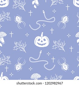Halloween 2019 vector seamless pattern with pumpkins, branches, spiders, snakes, crosses. Design for decoration, wrapping, greeting cards, web page background, fabric, print.