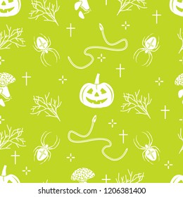 Halloween 2019 vector seamless pattern with pumpkins, branches, spiders, snakes, crosses. Design for decoration, wrapping, greeting cards, web page background, fabric, print.