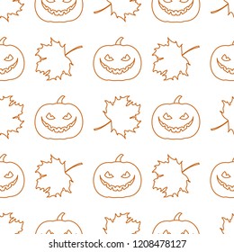 Halloween 2019 vector seamless pattern with pumpkin and maple leaves. Design for party card, wrapping, fabric, print.