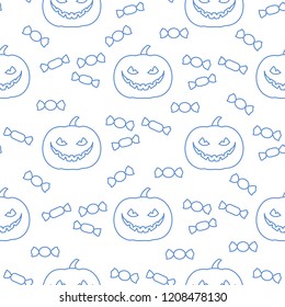 Halloween 2019 vector seamless pattern with pumpkin and candy. Design for party card, wrapping, fabric, print.