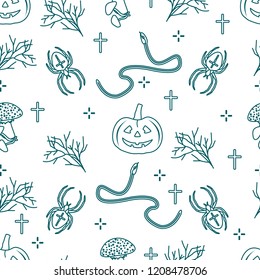 Halloween 2019 vector seamless pattern with pumpkins, branches, spiders, snakes, crosses. Design for decoration, wrapping, greeting cards, web page background, fabric, print.