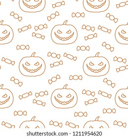 Halloween 2019 vector seamless pattern with pumpkin and candy. Design for party card, wrapping, fabric, print.