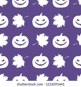 Halloween 2019 vector seamless pattern with pumpkin and maple leaves. Design for party card, wrapping, fabric, print.