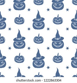 Halloween 2019 vector seamless pattern with pumpkins, witch hat. Design for party card, wrapping, fabric, print.