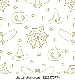 Halloween 2019 vector seamless pattern with cobweb, eagle owl, pumpkin, hat, witch, stars. Design for party card, wrapping, fabric, print.