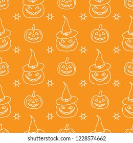 Halloween 2019 vector seamless pattern with pumpkins, witch hat. Design for party card, wrapping, fabric, print.