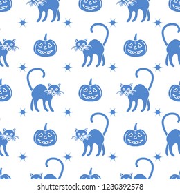 Halloween 2019 vector seamless pattern with pumpkins and witch cats. Design for party card, wrapping, fabric, print.